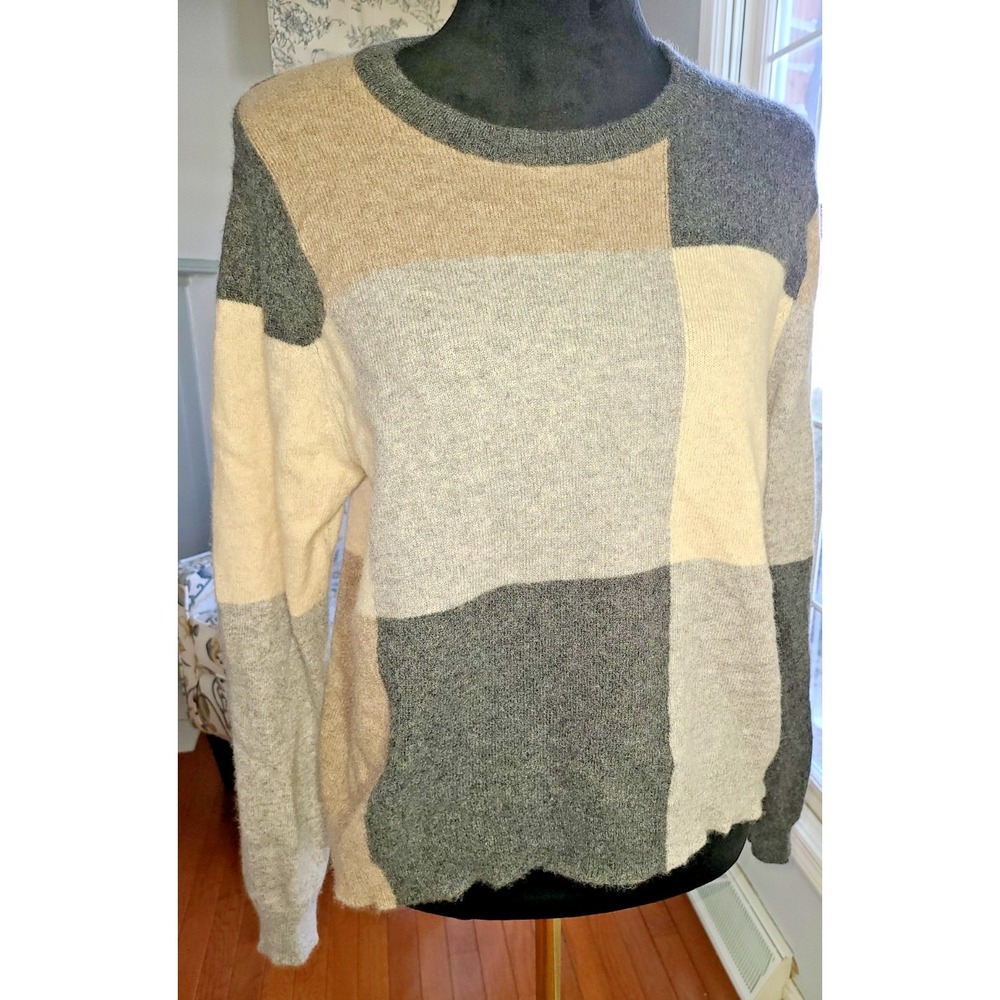 Philosophy Women Sz XL Cashmere Sweater Grey Beige Black Color Block Soft Preppy